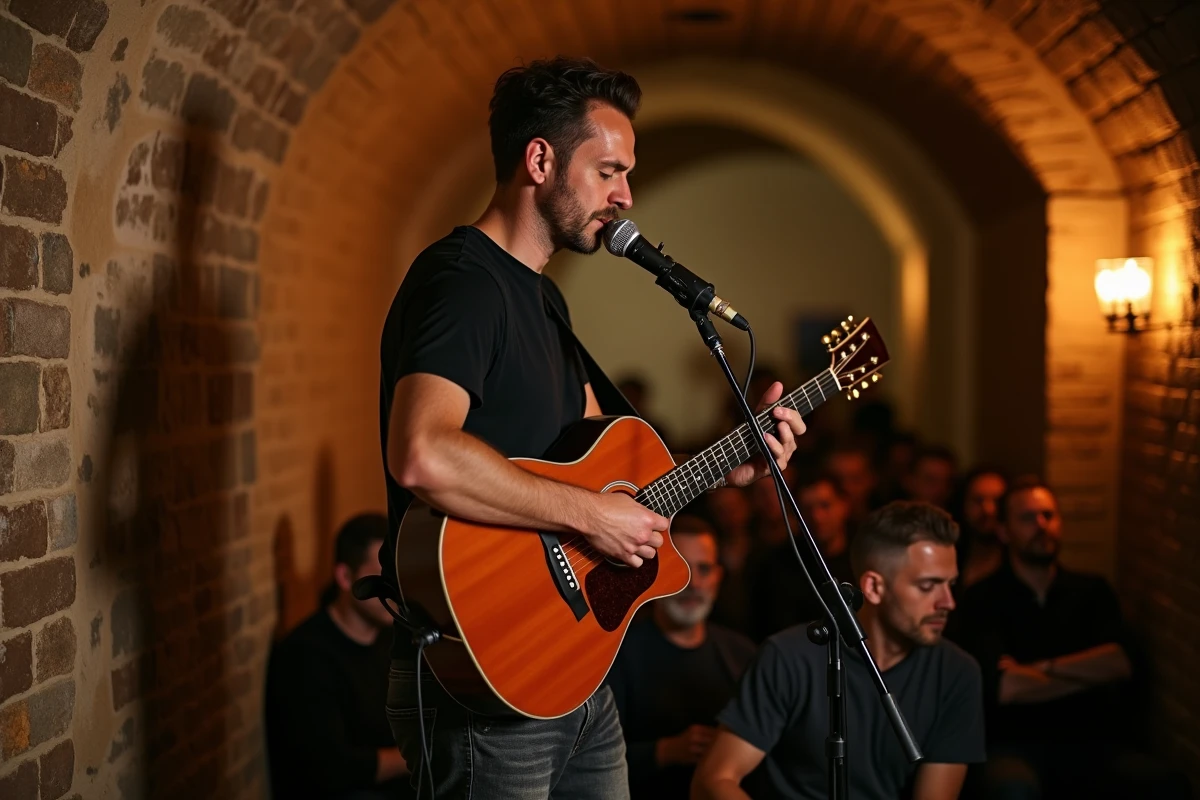 Musicien jouant de la guitare acoustique sur scène dans une salle de concert intimiste à Lyon