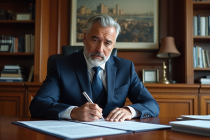 Notaire en costume navy examinant des documents officiels