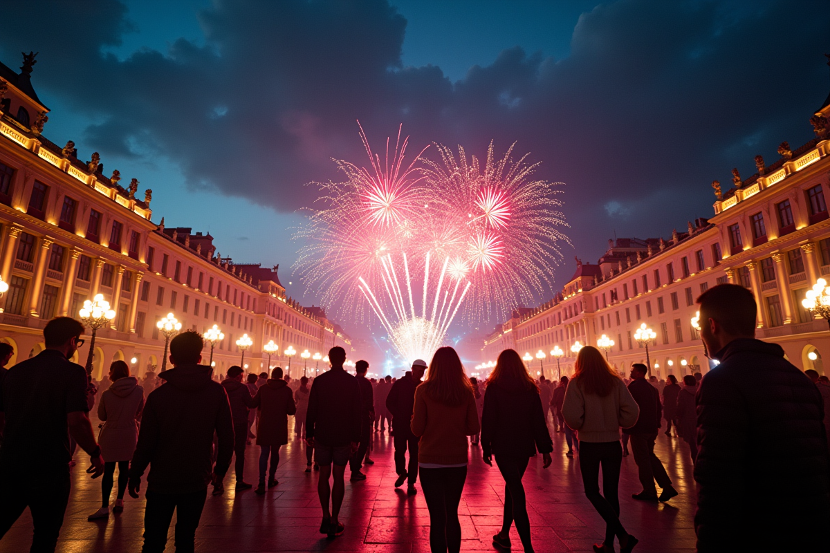 Fête nocturne dans une place de Geneve avec feux d