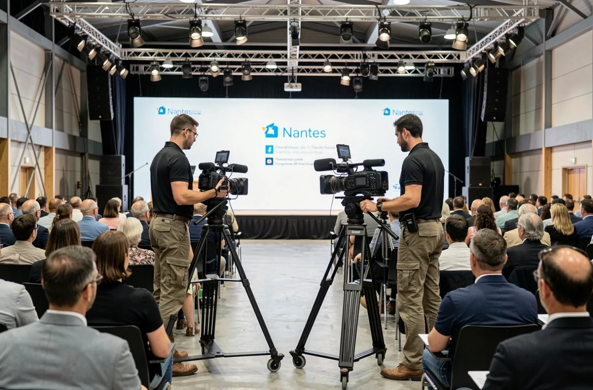 Équipe de captation vidéo événementielle avec deux caméras dans une grande salle de conférence à Nantes pour O2M Events