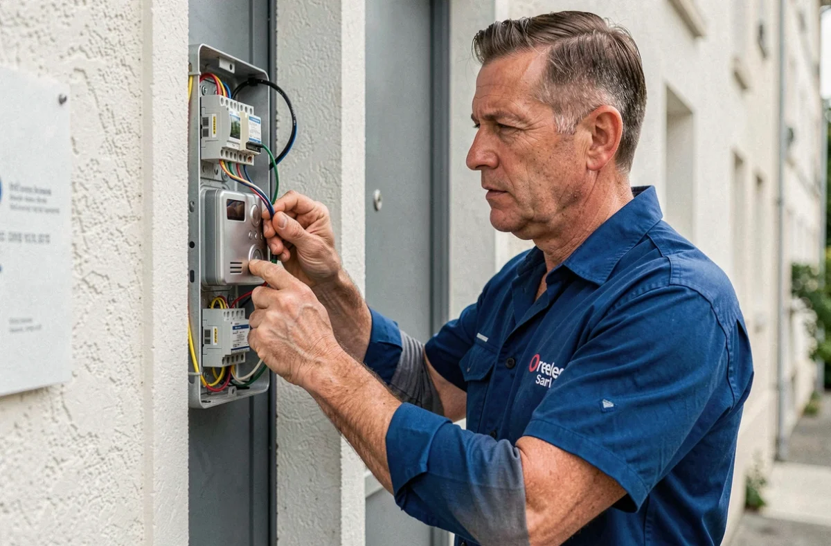Technicien d'Orelec Sarl installant un système de serrure électrique sur un interphone d'immeuble dans le Loiret