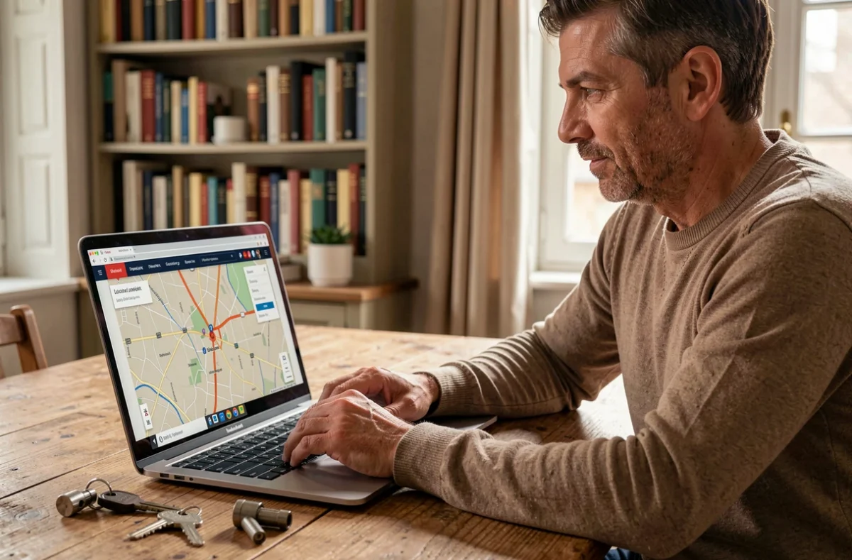 Personne recherchant un serrurier dans le Loiret en ligne sur un ordinateur portable depuis son domicile