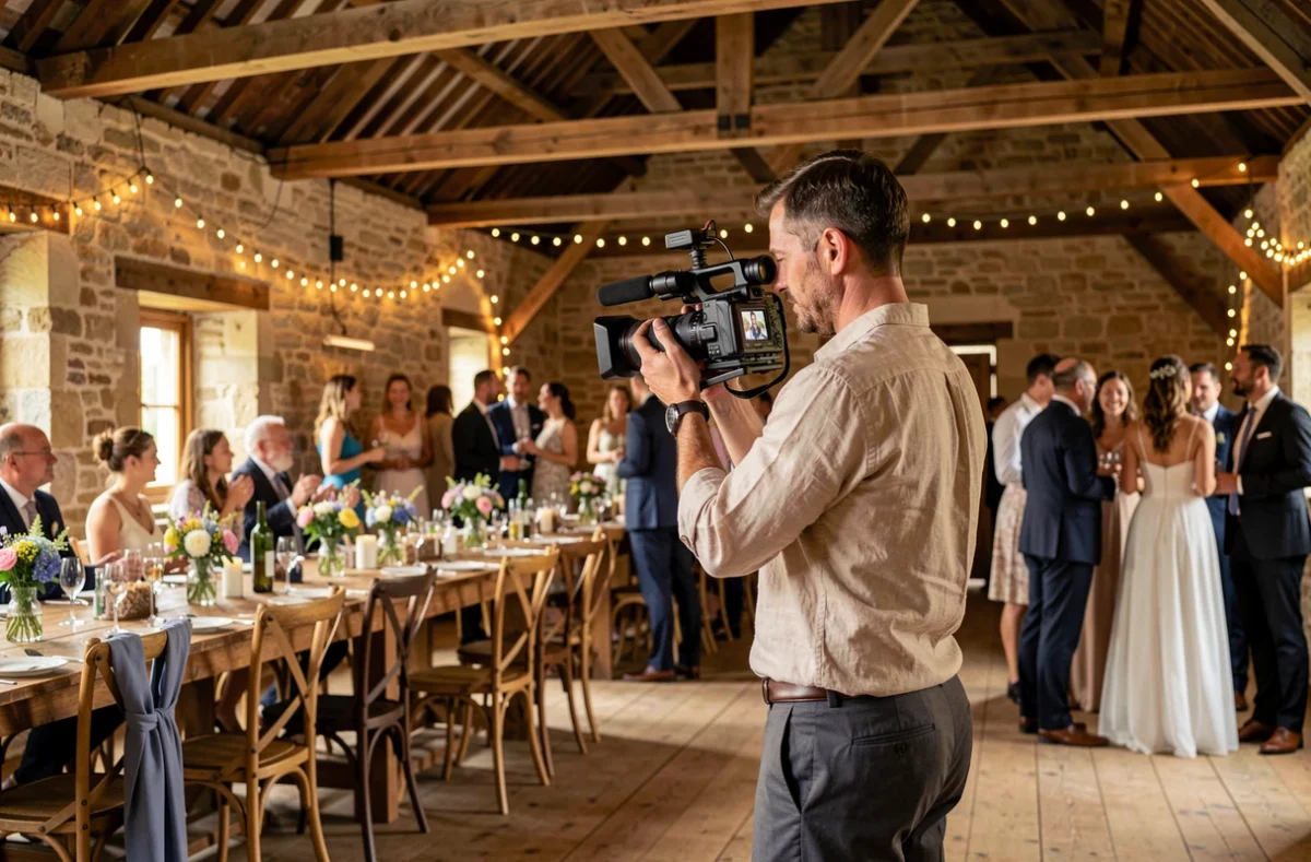 Vidéaste filmant un mariage dans une grange rustique de la Loire pour Pagani Productions