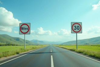 Panneau routier à la campagne avec miles et kilomètres