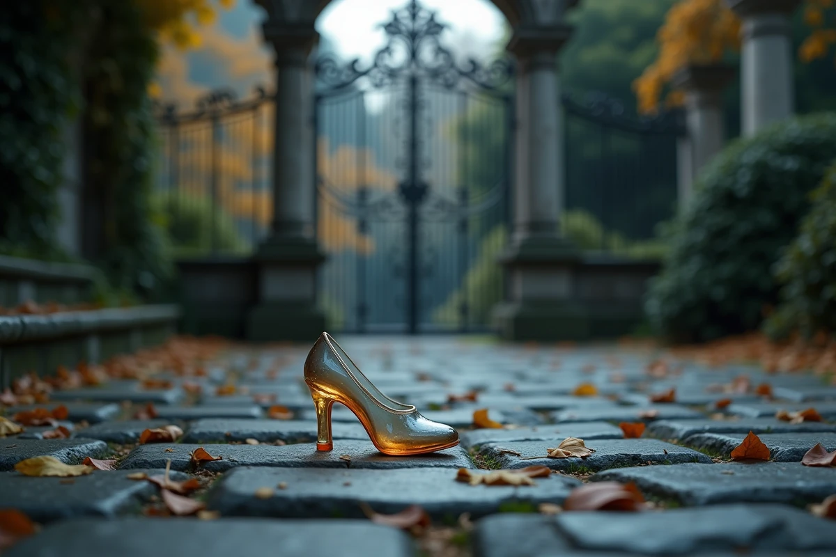 Pantoufle de verre posée sur des marches en pavés d'un manoir européen ancien, entourée de feuilles d'automne, évoquant le conte de Cendrillon de Perrault