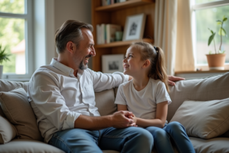 Père et fille souriants assis sur un canapé cosy