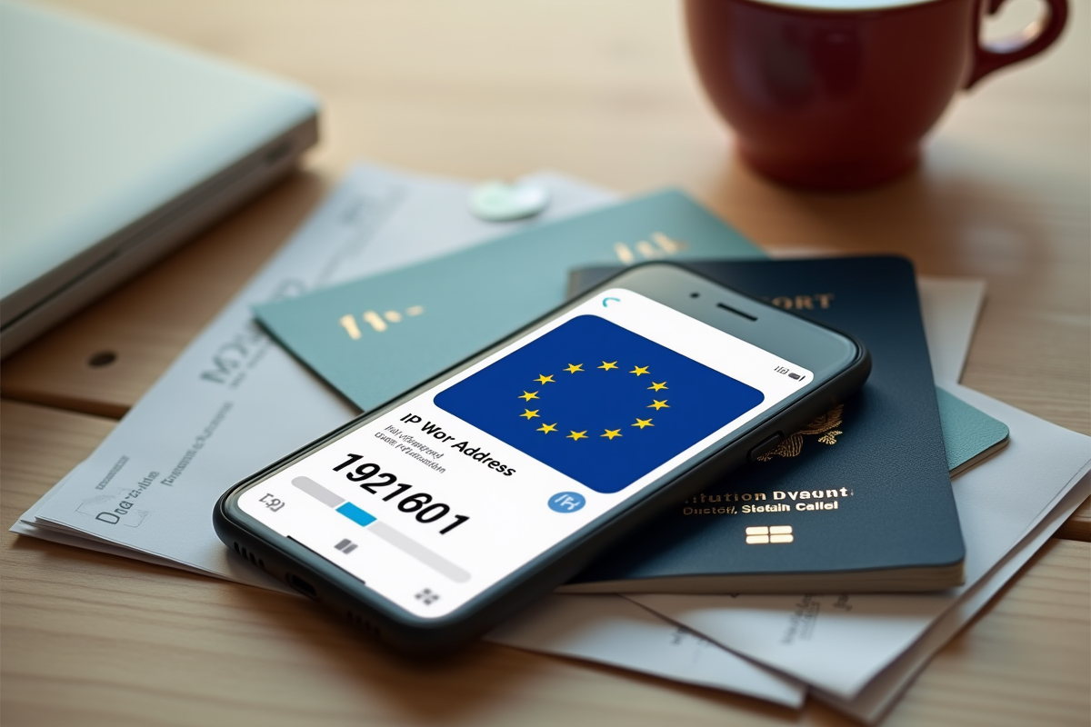 Passeport et smartphone affichant une recherche d IP avec drapeau européen