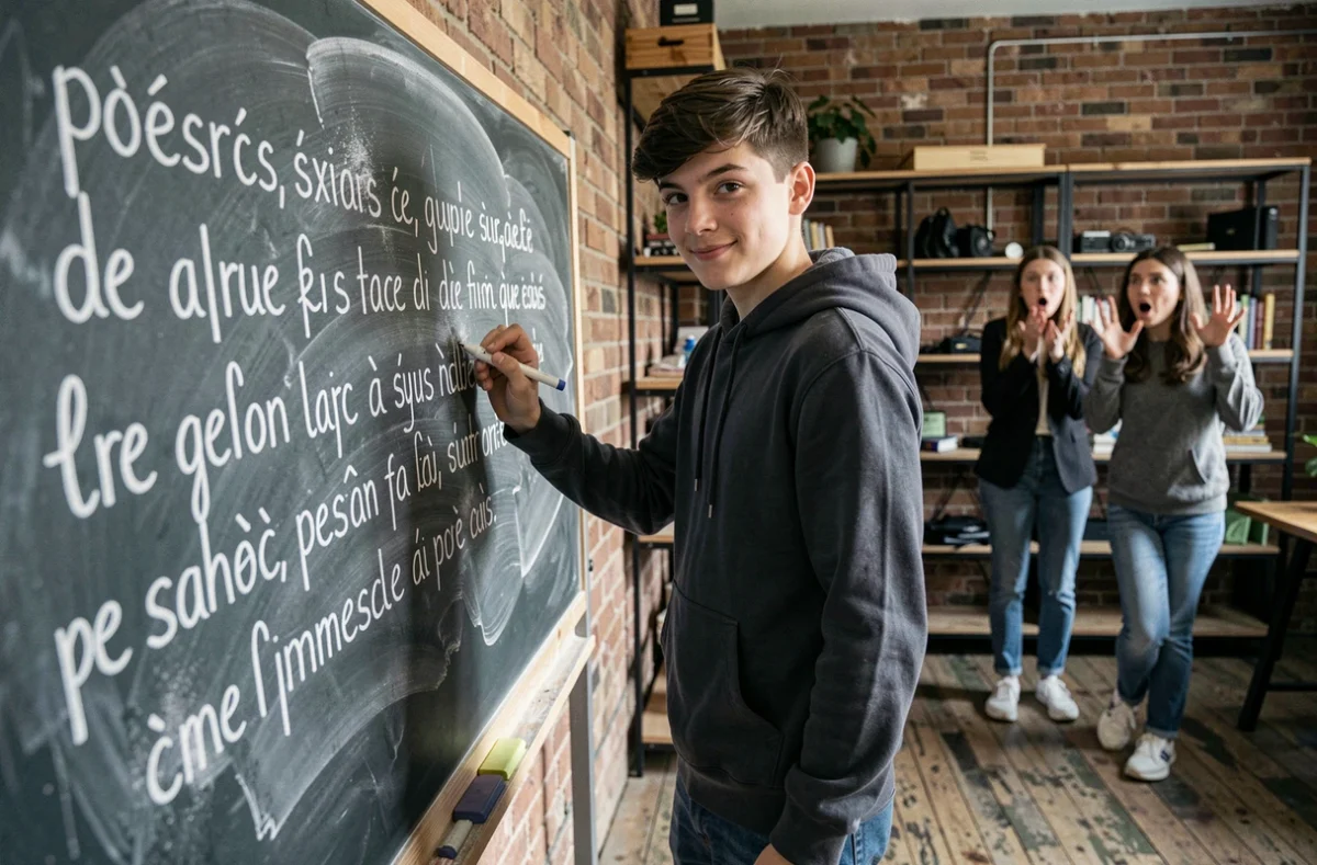 Adolescent écrivant un mot difficile au tableau dans un jeu du pendu en groupe, ambiance compétitive dans un espace de jeu urbain