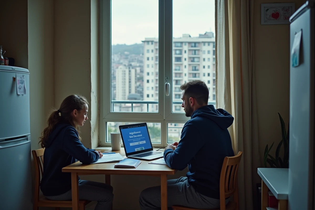 Père et fille dans un appartement de cité, consulter des ressources de sécurité familiale en ligne