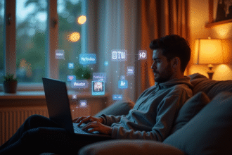Personne sur canapé utilisant un ordinateur avec logos de streaming