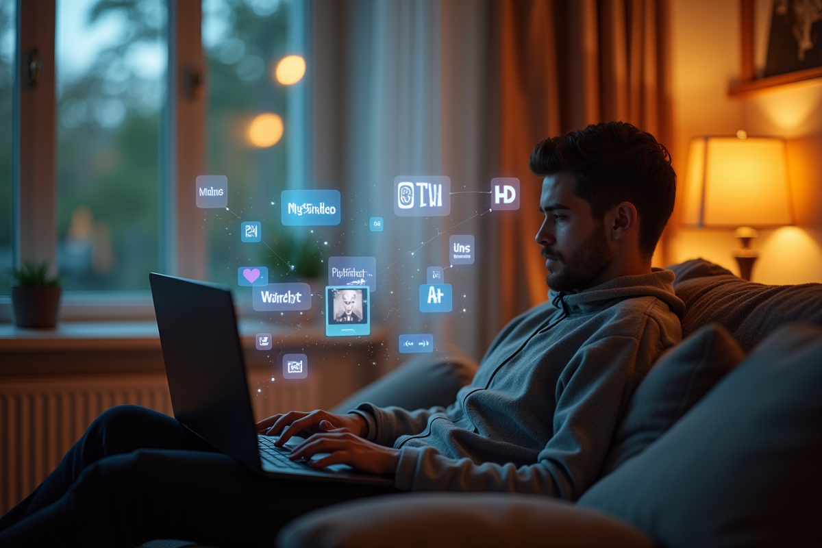Personne sur canapé utilisant un ordinateur avec logos de streaming