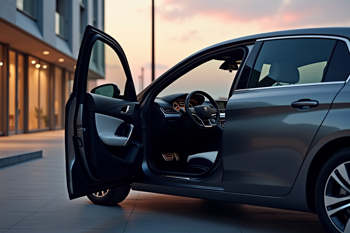 Peugeot 308 stationnée en ville avec features hightech