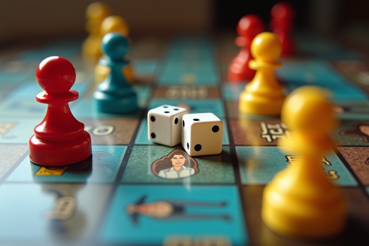 Plateau de Cluedo avec pions et dés en gros plan