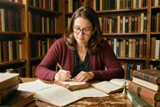 Poète femme écrivant des rimes en ique dans un bureau bibliothèque entouré de manuscrits et d'anthologies de poésie