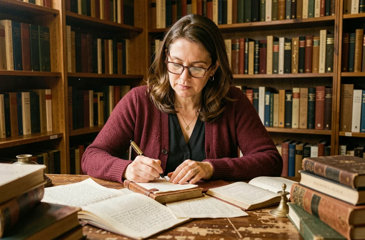 Poète femme écrivant des rimes en ique dans un bureau bibliothèque entouré de manuscrits et d'anthologies de poésie