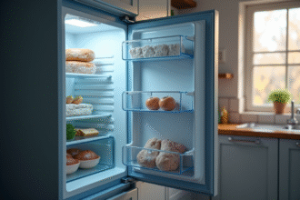 Porte de freezer ouverte dans une cuisine moderne avec givre et aliments partiellement décongelés