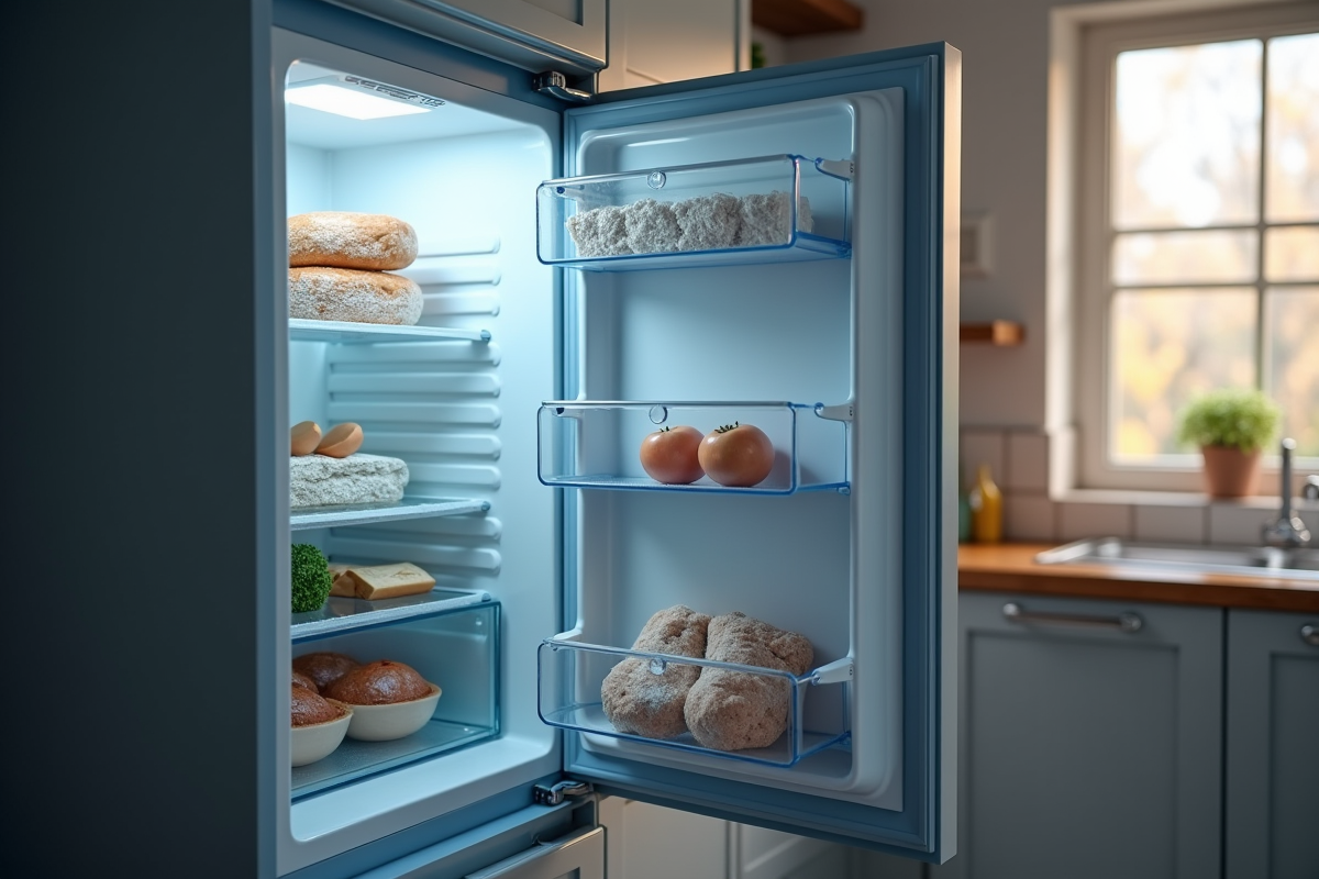 Porte de freezer ouverte dans une cuisine moderne avec givre et aliments partiellement décongelés