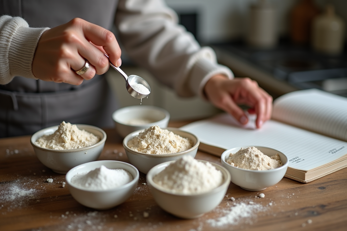 Mains mesurant farine sans gluten sur table rustique