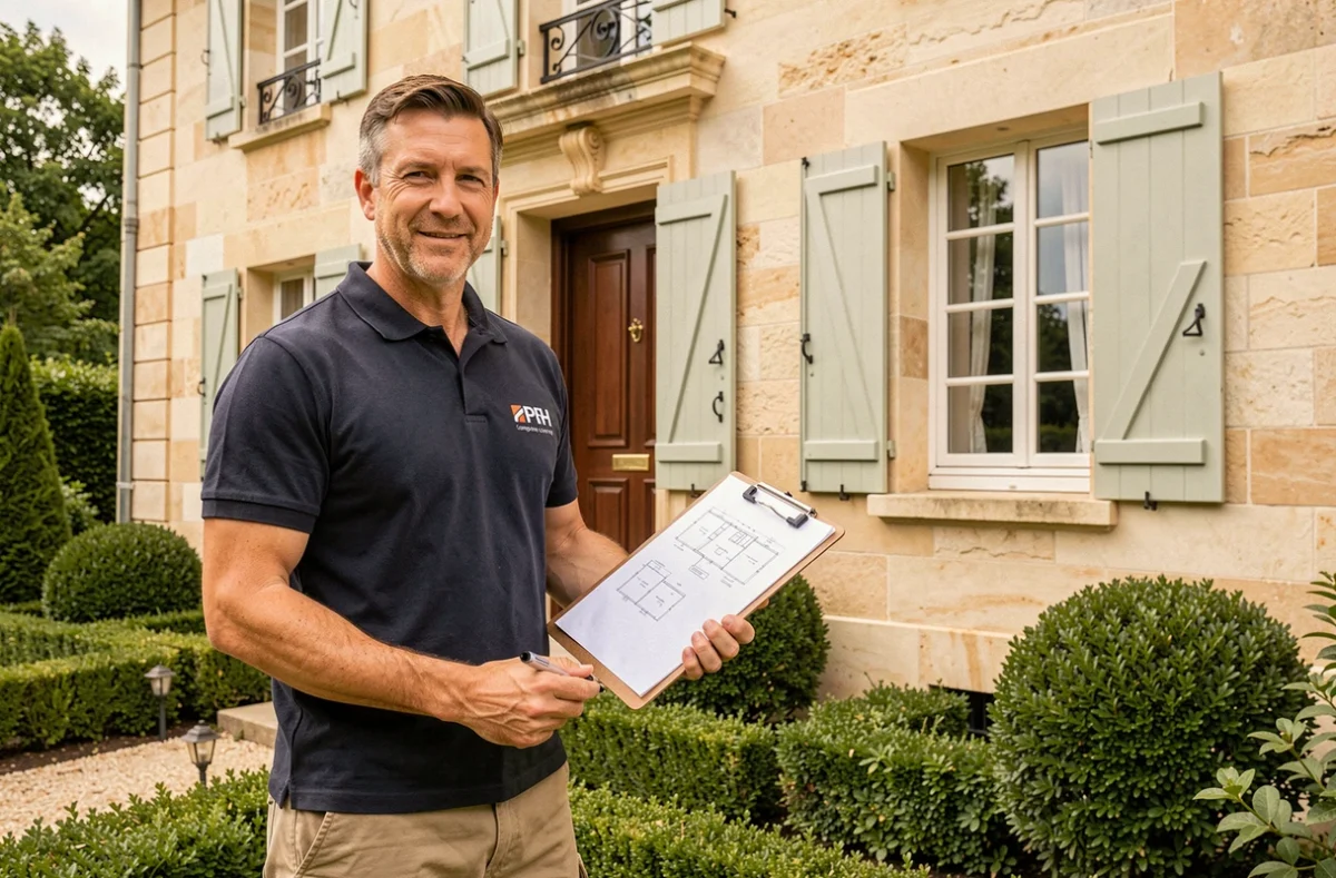 Spécialiste de PRH 45 Pole Renovation Habitat devant une maison rénovée avec nouvelle porte d'entrée dans le Loiret