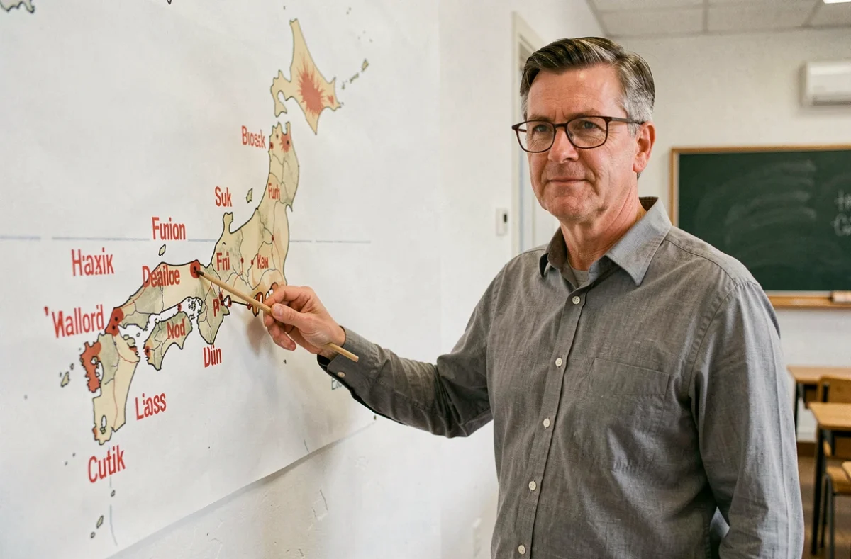 Professeur de géologie expliquant les codes mnémotechniques en trois lettres des volcans japonais devant une carte murale du Japon