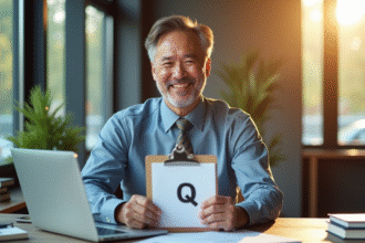 Professionnel souriant au bureau avec livre et ordinateur