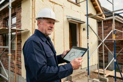 Professionnel du bâtiment consultant des plans de rénovation énergétique devant une maison en cours d'isolation thermique par l'extérieur