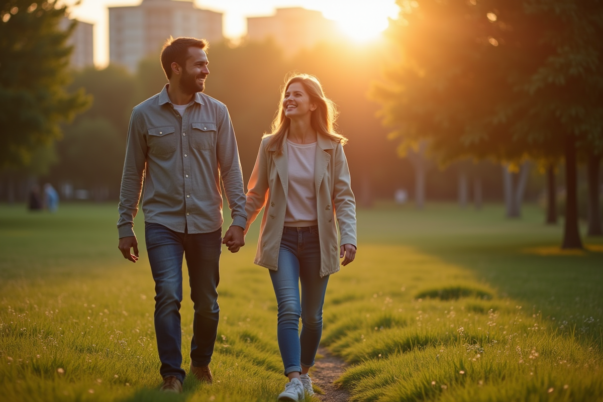 Couple marié se promenant dans un parc en riant