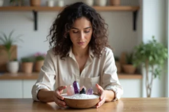 Femme purifiant des cristaux dans un bol de sel marin à l'intérieur d'un appartement