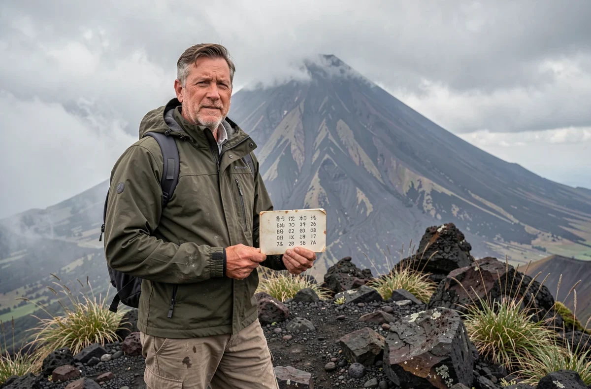Randonneur tenant un carnet de codes en trois lettres pour les volcans japonais devant un stratovolcan sous un ciel nuageux