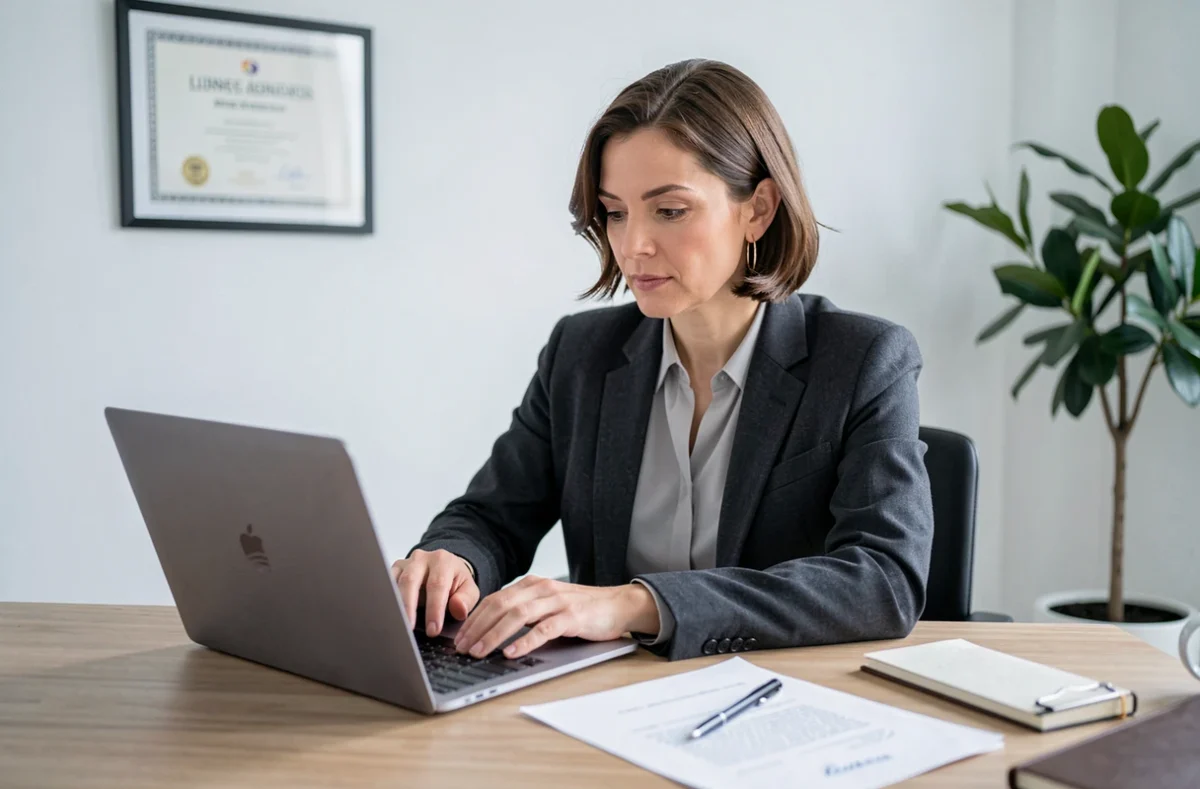 Femme rédigeant un email professionnel à un notaire sur son ordinateur portable dans un bureau moderne