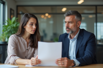 Deux adultes en réunion d'affaires dans un bureau moderne