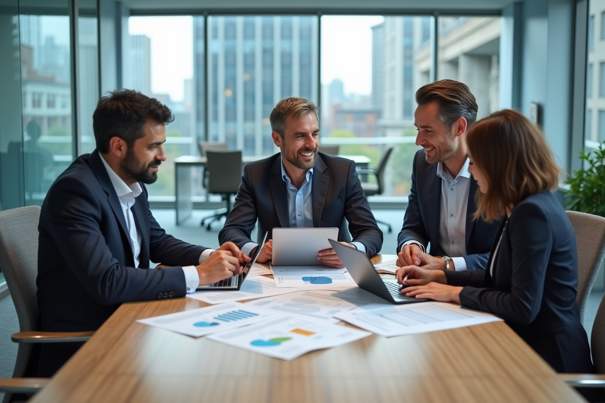 Groupe de professionnels discutant de rapports de paie en réunion
