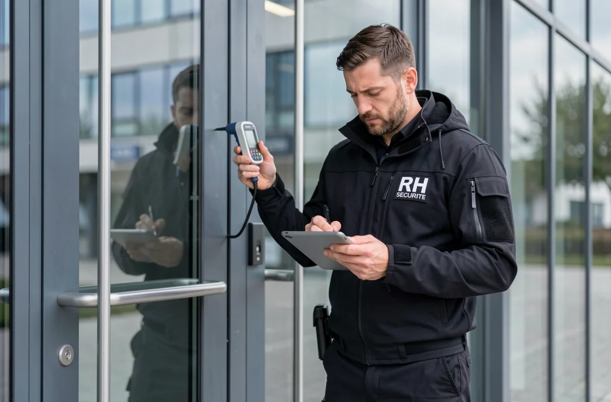 Expert en sécurité de R H Securite auditant l'entrée d'un bâtiment commercial moderne à Orléans