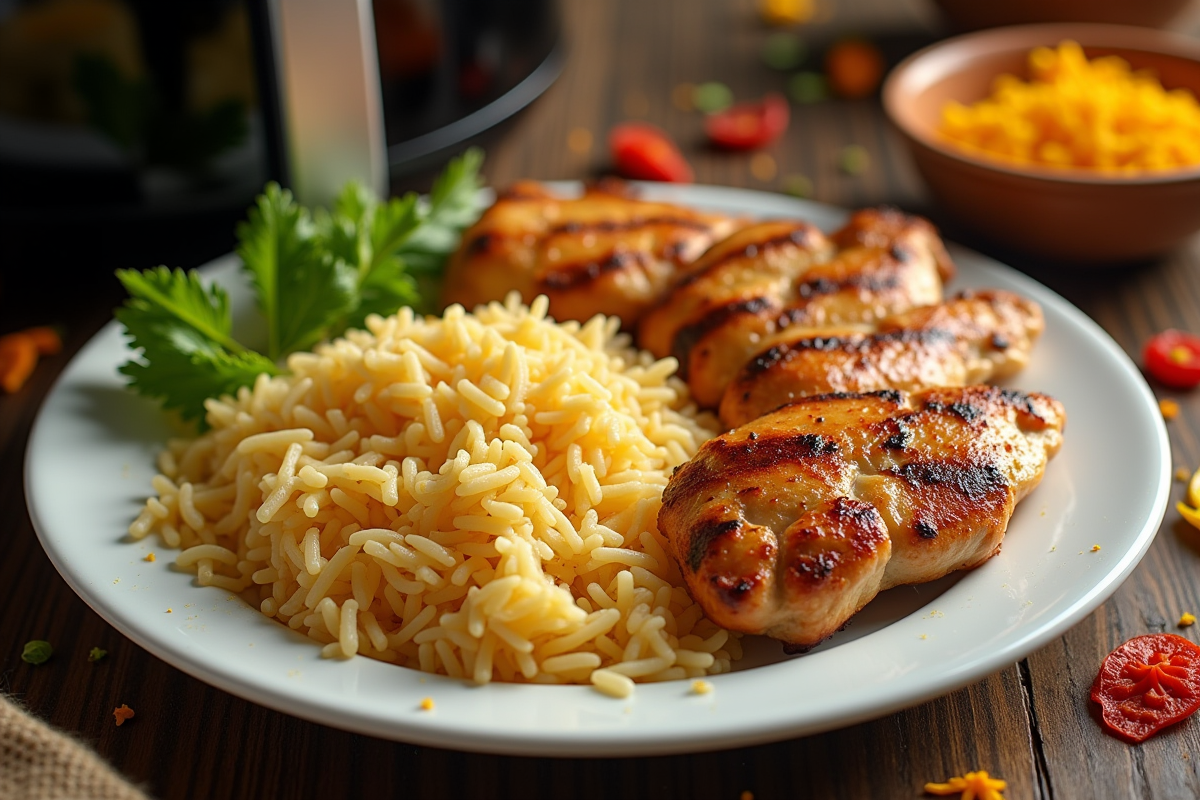 Assiette de riz doré avec poulet grillé et épices colorées