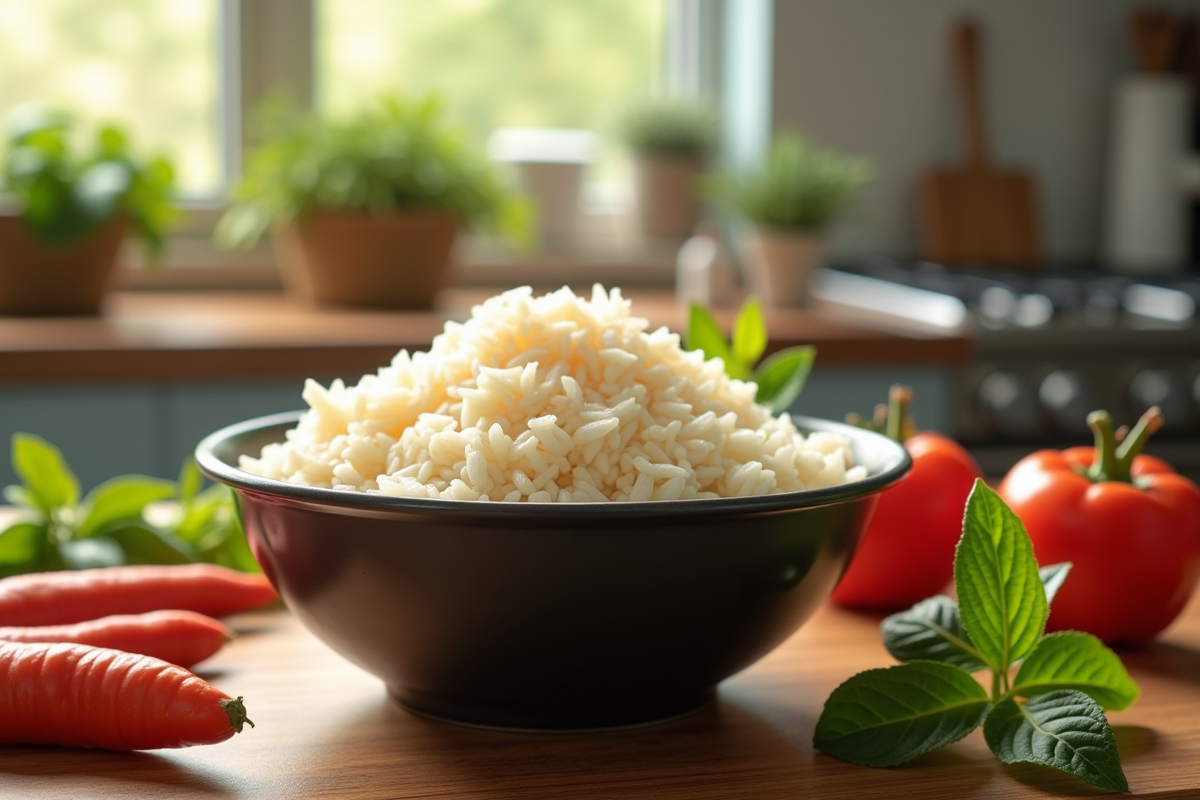 Riz parfaitement cuit dans un panier air fryer sur un plan de travail