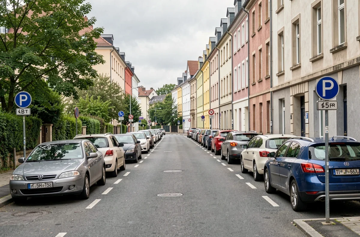 Rue résidentielle avec voitures garées d'un seul côté et panneaux de stationnement