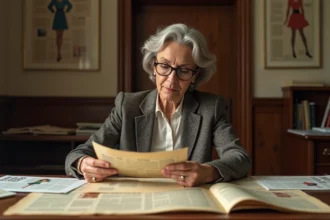 Femme en veste tweed étudiant des archives de l'industrie de la mode dans un bureau vintage des années 1950, évoquant l'histoire vraie de Ruth Finley