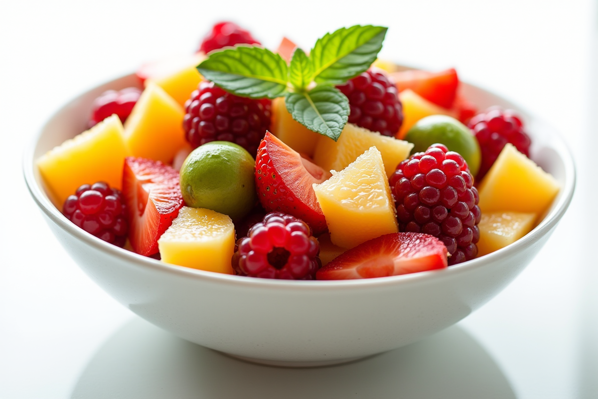 Salade de fruits avec framboises et gingembre tropicale