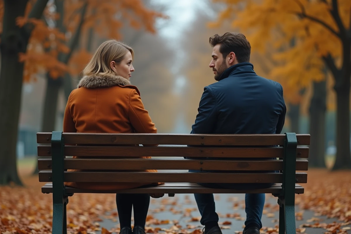 Deux personnes assises en silence sur un banc de parc en automne, illustrant la distance et la séparation entre flammes jumelles