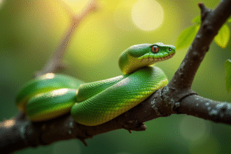Serpent vert enroule sur une branche en plein jour