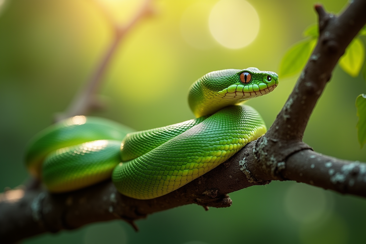 Serpent vert enroule sur une branche en plein jour