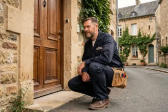 Serrurier professionnel intervenant devant une porte d'entrée en bois dans une rue du Loiret