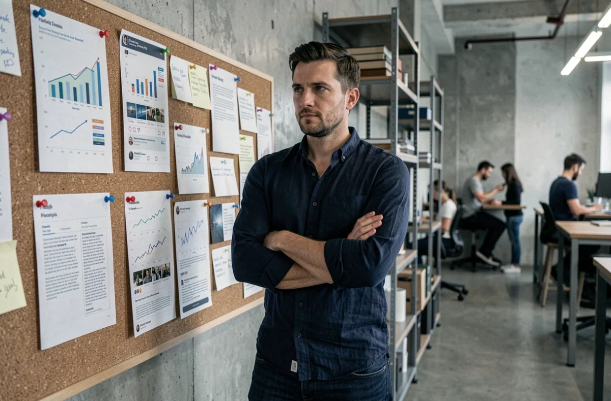 Créateur numérique analysant sa stratégie de contenu face à un tableau de planification dans un espace de coworking moderne