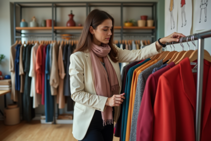 Jeune styliste mode arrangeant des vêtements colorés en studio créatif