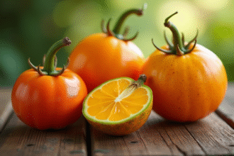 Tamarillo tamarin et tangelo sur une table en bois naturel