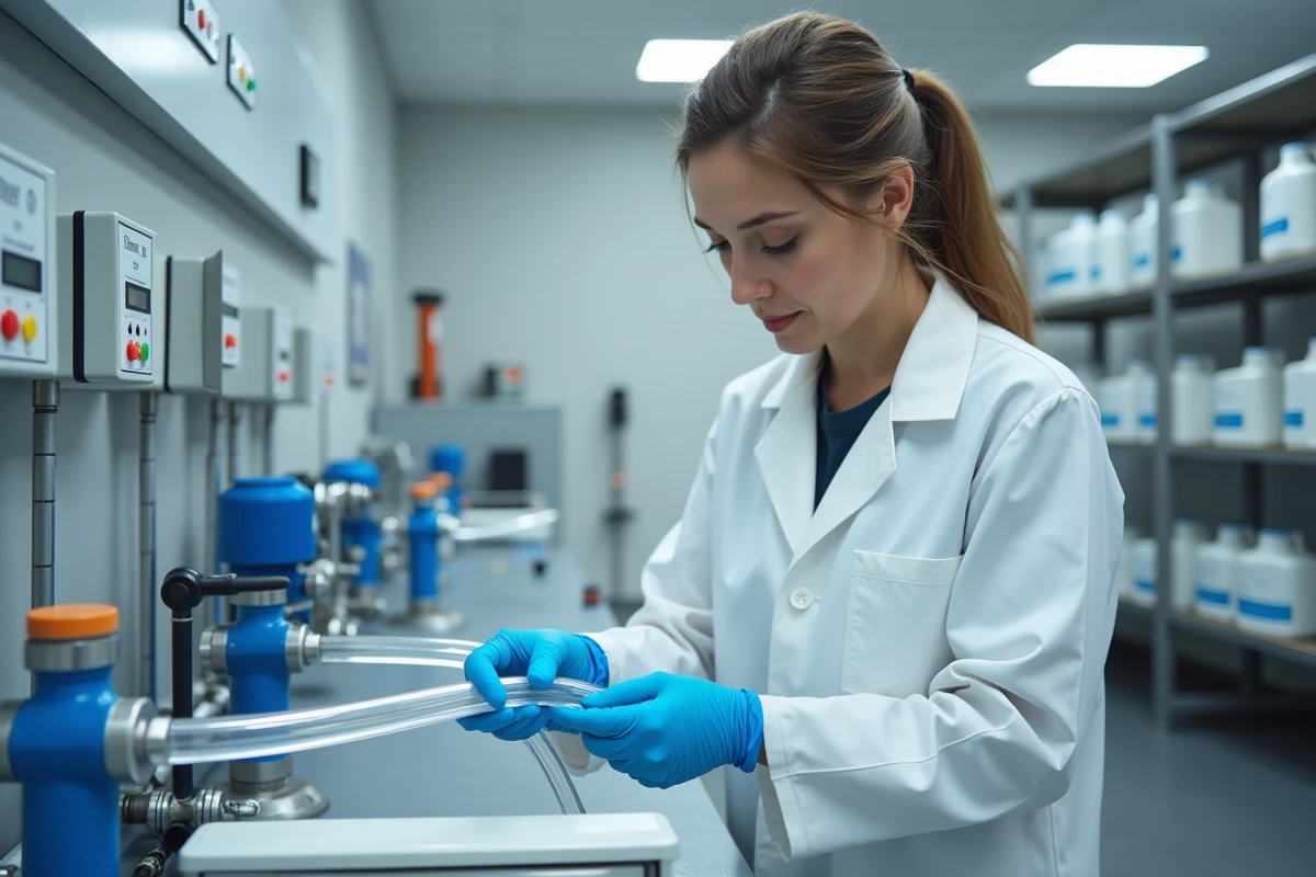 Technicienne de laboratoire raccordant une unité de purification hydrodynamique à un système de filtration existant