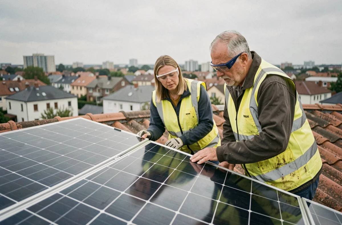 Deux techniciens inspectant une installation de panneaux solaires photovoltaïques sur le toit d'une maison en zone urbaine