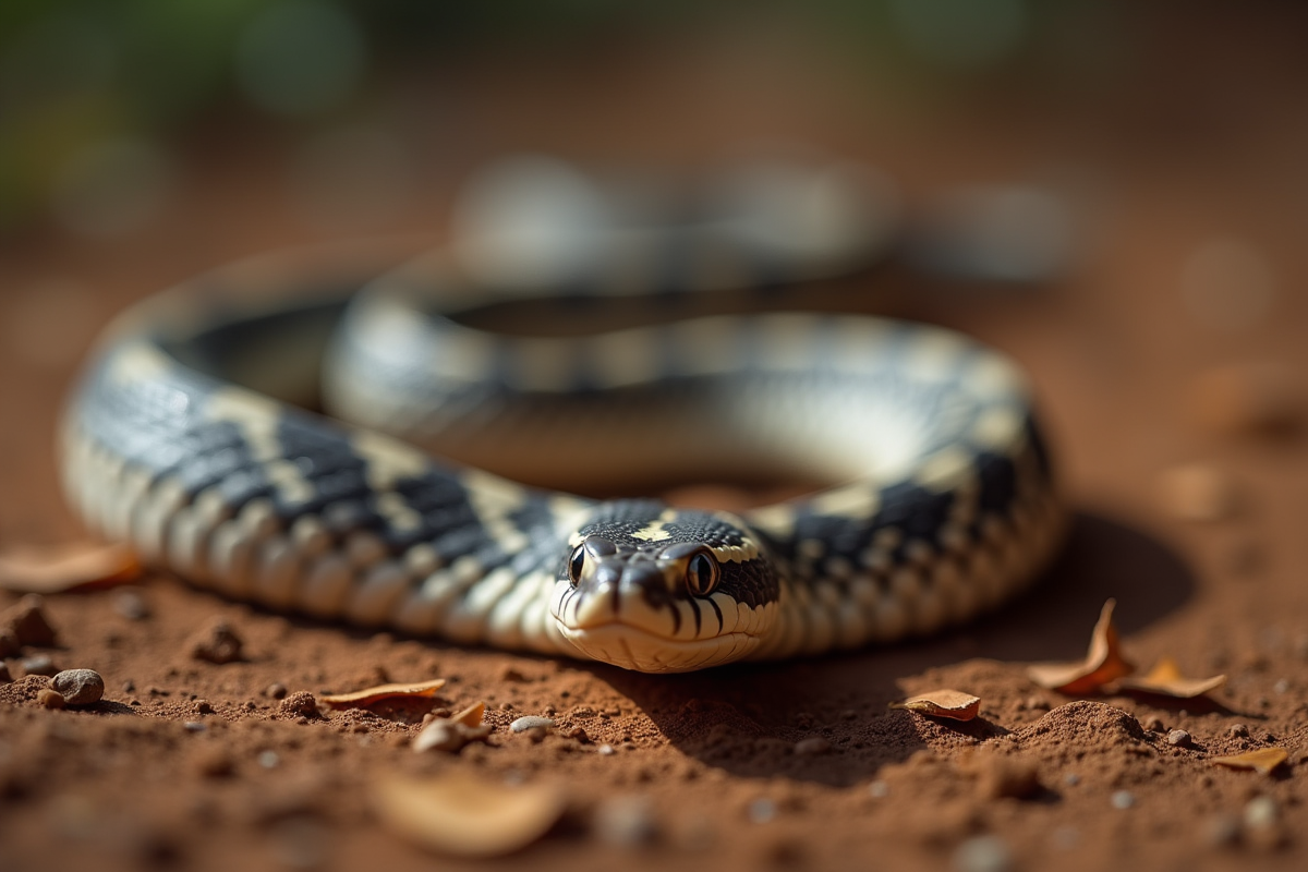 Tête de serpent avec motif sur sol sec en gros plan