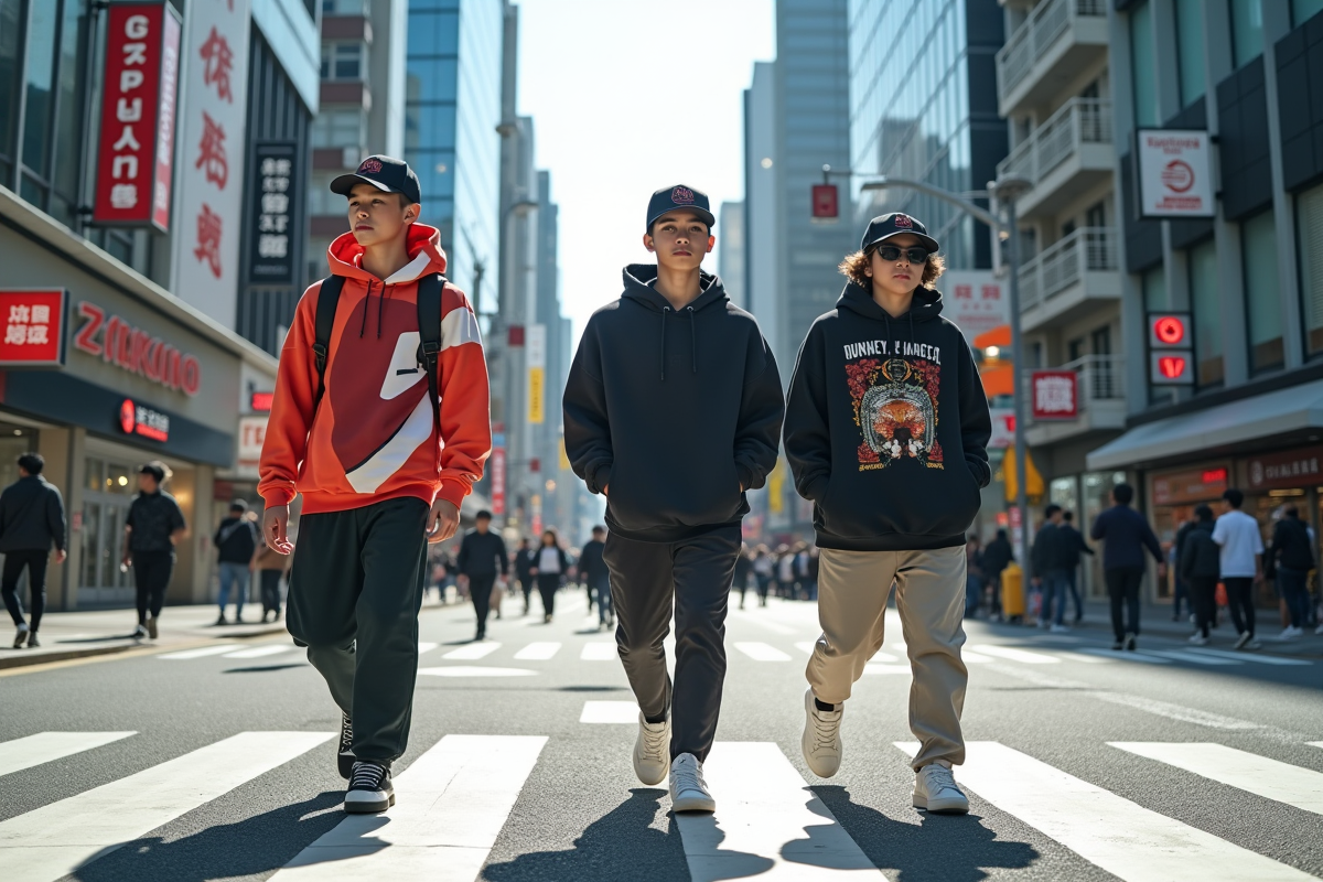 Jeunes à Tokyo en streetwear moderne traversant une intersection animée