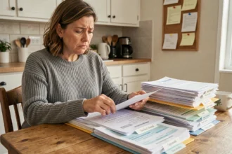 Femme triant des papiers administratifs familiaux en dossiers étiquetés école, santé et impôts sur une table de cuisine en bois